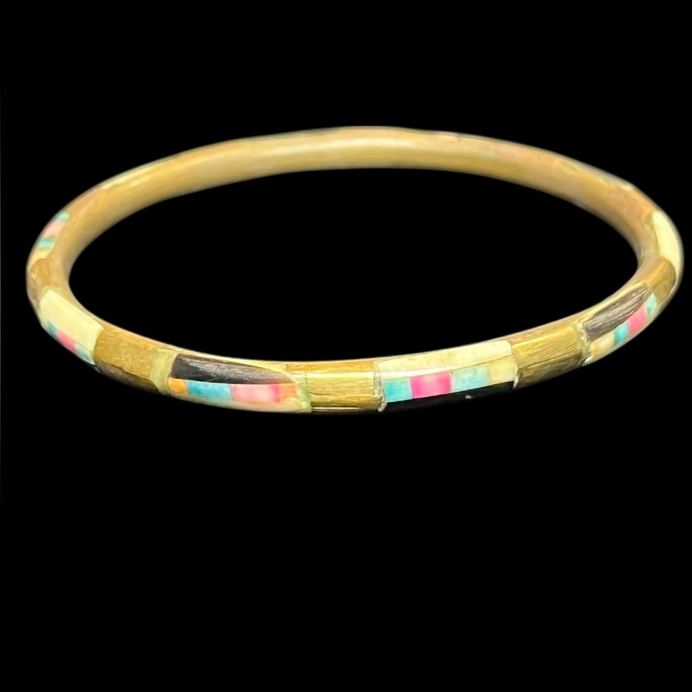 Colorful Mosaic Horn and Brass Bangle Bracelet
